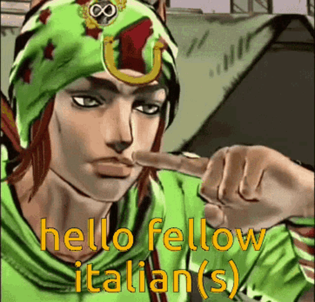 a cartoon character with the words hello fellow italian ( s ) on it