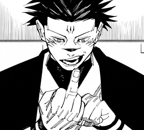 a black and white drawing of a man in a suit and tie giving the middle finger .