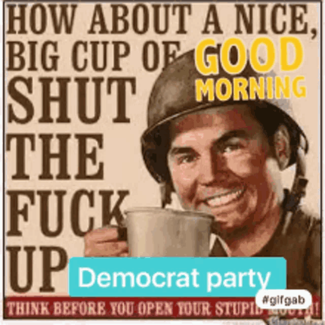 a man in a military helmet is holding a cup of coffee ..