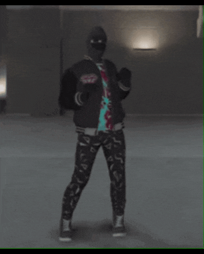 a man wearing a mask and a bomber jacket is dancing