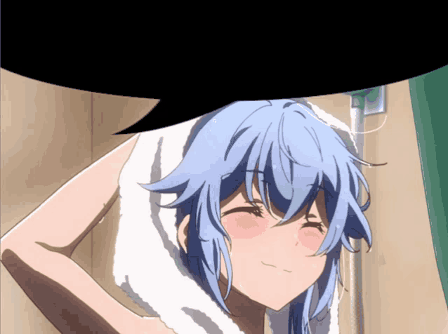 a girl with blue hair and a white towel on her head