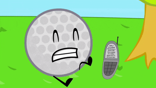 a cartoon illustration of a golf ball talking on a cellphone