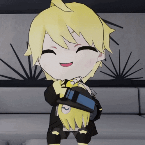 a cartoon character with yellow hair is smiling and holding a toy