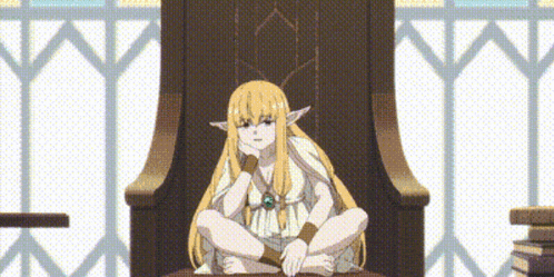 a cartoon character is sitting on a throne with her legs crossed and her head resting on her hand .