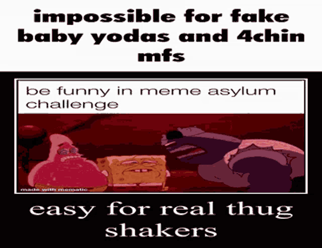 impossible for fake baby yoda 's and 4 chima mfs be funny in meme asylum challenge easy for real thug shakers