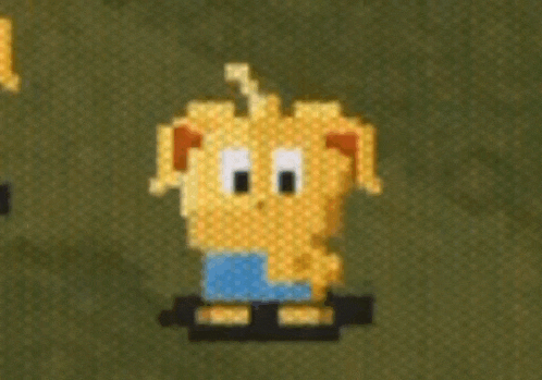 a pixel art of a yellow dog with a blue shirt on .