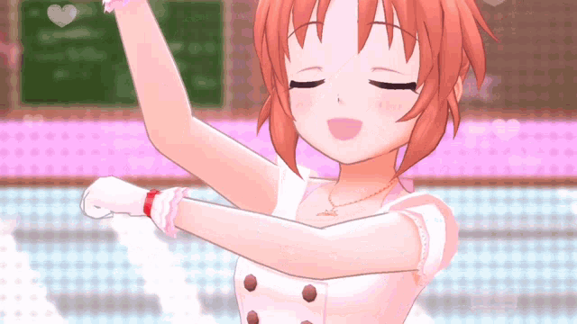 a cartoon girl with red hair is smiling with her eyes closed and her arms outstretched