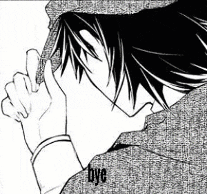 a black and white drawing of a man covering his face with his hand and the words `` bye '' .