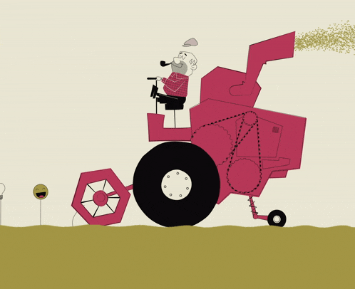 a cartoon of a man driving a combine harvester