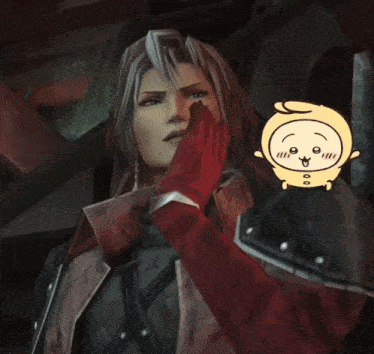 a close up of a video game character with a drawing of a rabbit behind him