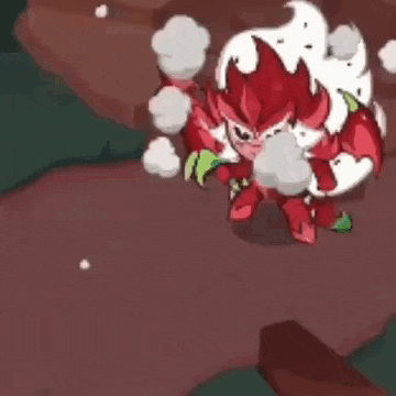 a red and white cartoon character is standing on a red surface .