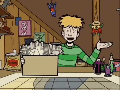 a cartoon of a boy holding a box that says ' crown ' on it
