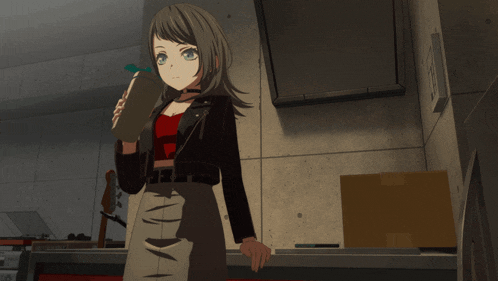 a girl in a black leather jacket is holding a bottle