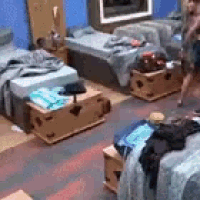 a bedroom with two beds , a couch , a trunk and a fireplace .