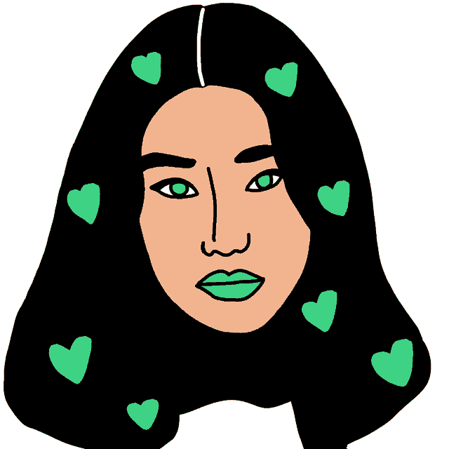 a cartoon of a woman with green hearts in her hair