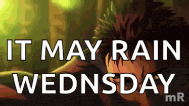 a sign that says it may rain wednesday with a man in the background