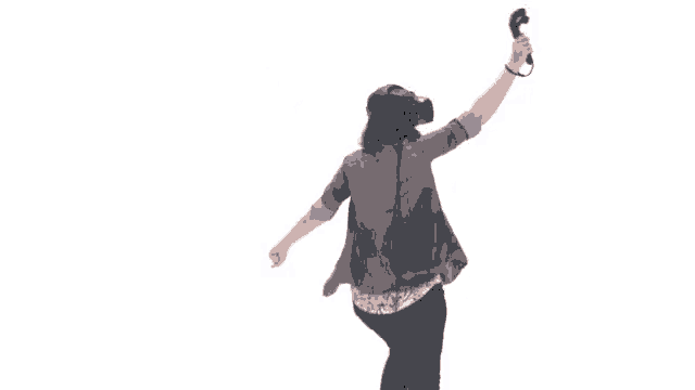 a woman wearing a virtual reality headset holds a controller in her hand