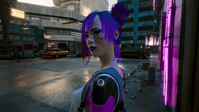 a woman with purple hair is standing in front of a neon sign that says ' a ' on it