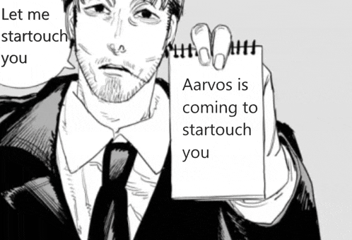 a man in a suit and tie is holding a notepad that says let me starttouch you