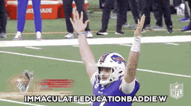 a football player with his arms in the air and the words immaculate education baddie w on the bottom .