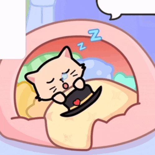 a cartoon cat is sleeping in a bed with a speech bubble that says nz