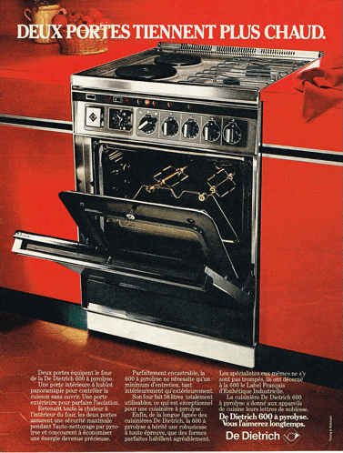 an advertisement for a de dietrich stove with a red counter top