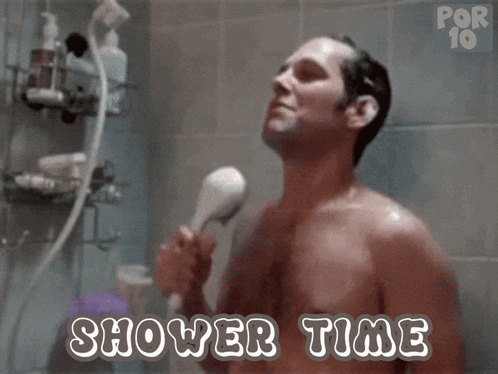 a shirtless man is taking a shower with the words shower time written above him