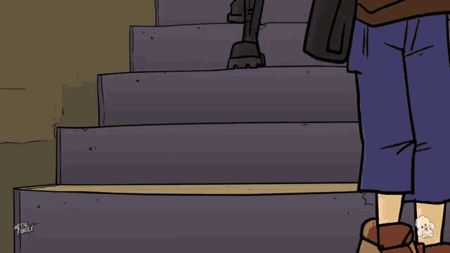 a cartoon of a woman standing in a room with a skull on the bottom right