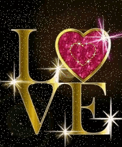 the word love is in gold with a pink heart