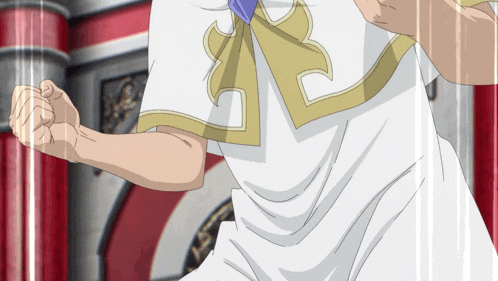 a man in a white shirt with a gold stripe on the sleeve