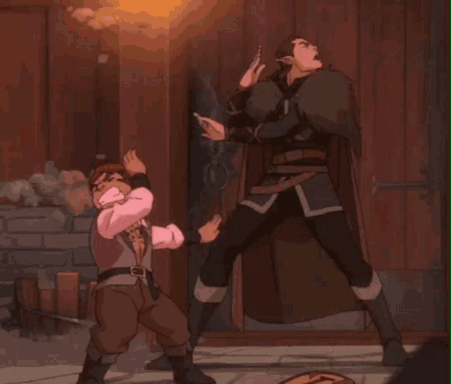 a couple of cartoon characters are standing next to each other in front of a door