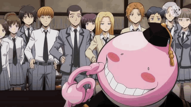 a group of anime characters are standing around a table and one of them has a pink face