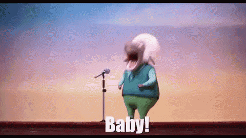 a cartoon character is standing in front of a microphone and singing a song .