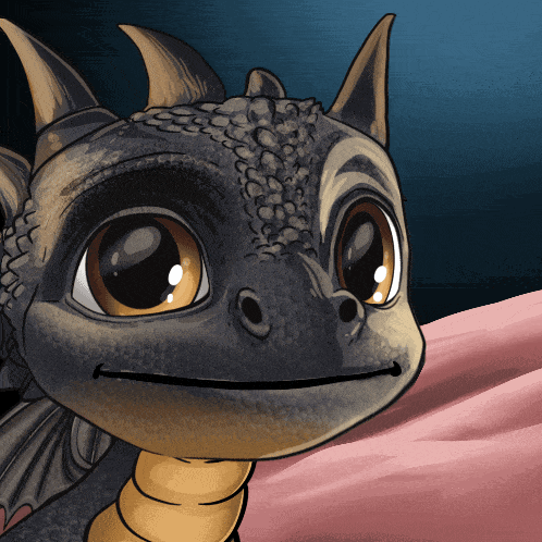 a cartoon drawing of a dragon laying on a pink blanket