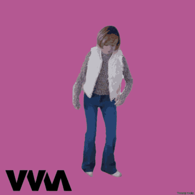 a woman in a white vest and blue jeans is dancing on a pink background that says vvm