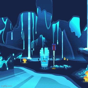 a cartoon drawing of a cave with a globe and a sword