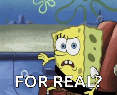 a cartoon of spongebob saying " for real " while sitting in a car