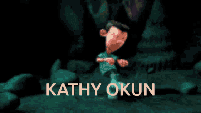 a cartoon character with the name kathy okun written on the bottom