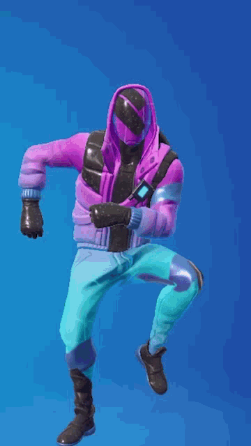 a person wearing a purple jacket and blue pants is dancing
