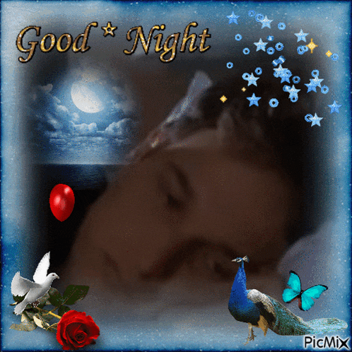 a picture of a woman sleeping with a peacock and roses and the words good night