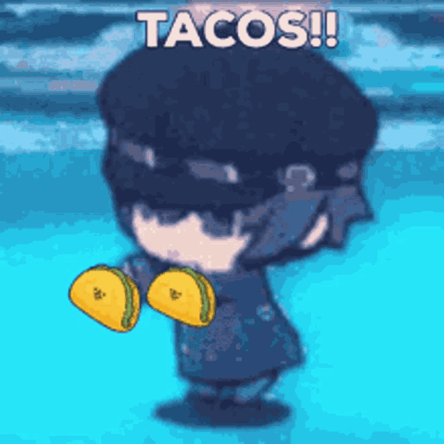 a cartoon character is holding two tacos and says tacos !