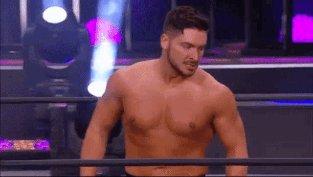 a shirtless wrestler is standing in a wrestling ring without a shirt on .