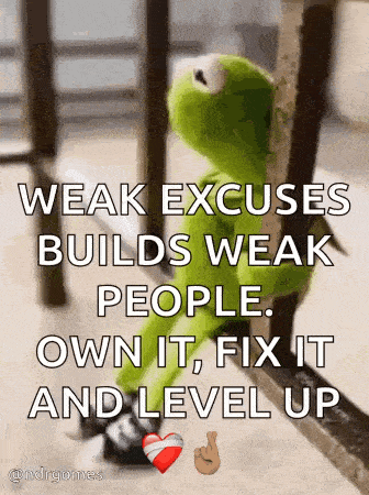 kermit the frog is sitting on a railing with a quote about weak excuses