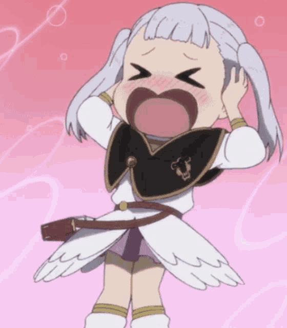 a little girl with pigtails is screaming with her mouth wide open