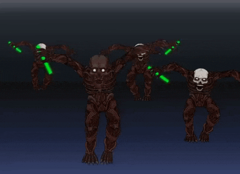 a group of skeletons are standing next to each other in a dark room holding green lights .