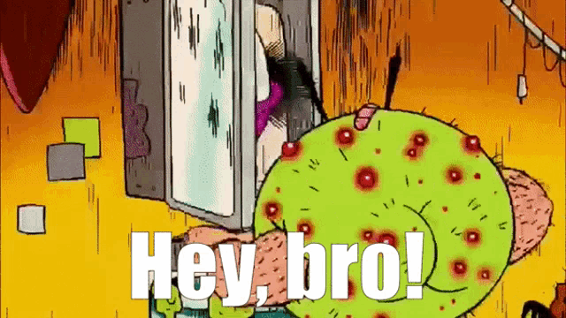 a cartoon character says hey bro in front of an open refrigerator