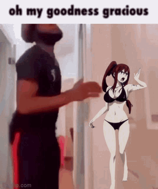 a man in a black shirt is standing next to a woman in a bikini and the caption says oh my goodness gracious
