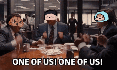 a group of people are sitting around a table and one of them says one of us