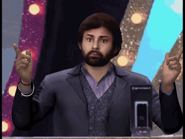 a man with a beard is giving a speech in front of a podium