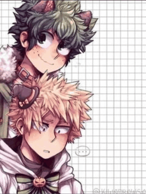 a couple of anime characters standing next to each other on a checkered background .